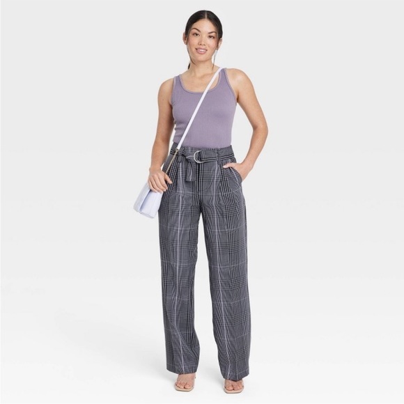 Gray Plaid High-Rise Relaxed Fit Straight Leg Belted Trousers - Picture 3 of 3
